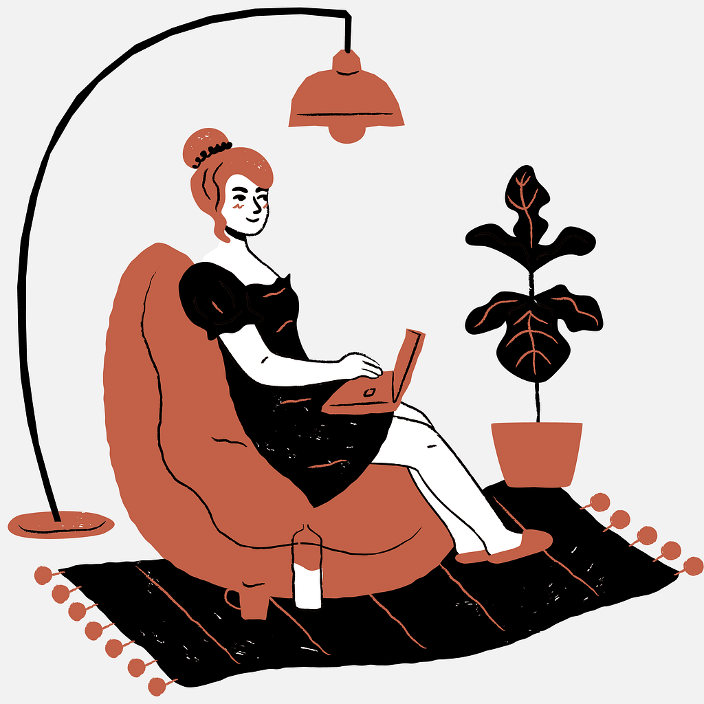 Woman sitting on a beanbag chair searching for bookstores on her laptop