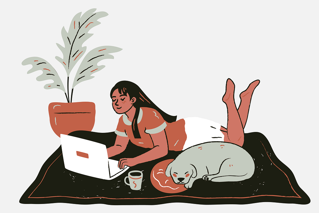 Woman lying on a rug next to a dog, typing on a laptop searching for bookstores